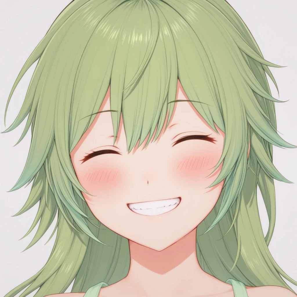 Io, 1girl, solo, blush, smile, simple_background, white_background, closed_eyes, grin, portrait, facing_viewer