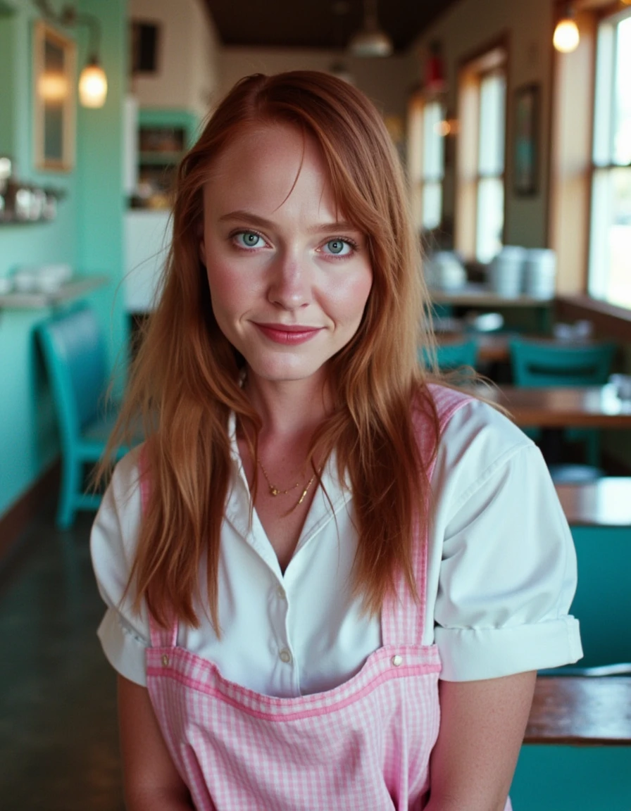 A full body shot of a reddish brown hair young woman, wearing a diner waitress uniform in white and pink, white stocking, white loafers, a beautiful white and pink apron. She has bright beautiful face makeup, and her expression is calm and contemplative happy. She's looking at the viewer.  She's at a blue pastel diner serving coffee. Her smile is innocent, naive and sincere. The image is high-contrast, with deep blacks and blurry highlights. Camera Settings: Captured with a Canon EOS-1D X Mark III, 85mm lens, f/1.8, with high dynamic range to make the hair glow against the dark background.  <lora:Alice - nightmare on elm street 4:1>