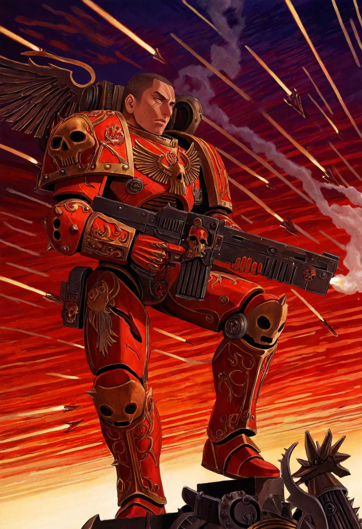 safe, masterpiece, best quality, 1boy, mature male, dramatic lighting, war, battlefield, warhammer 40000, power armor, red armor, short hair, buzz cut, muscular, holding gun, bolter, boltgun, step pose, smoke, gunfire, scratches, wounded, scar, red sky, low-angle view, (traditional media:0.7)
<lora:Azazel1944_NAIXL_v10-2:1>