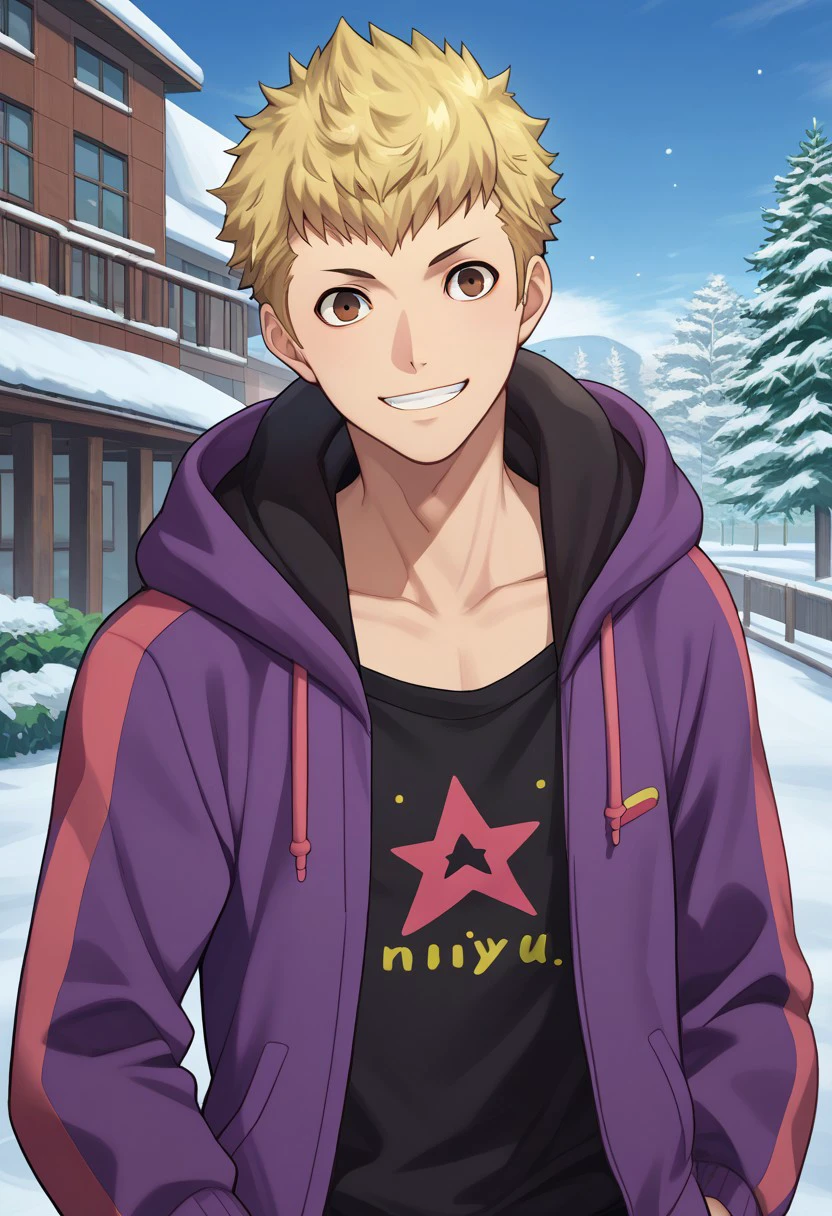 score_9, score_7_up, source_anime 
ryuji, 1boy, male focus solo, brown eyes, blonde hair, short hair, hoodie, purple hoodie, hood, open hoodie, open clothes, shirt, black shirt,  smile,
outdoor,  winter,