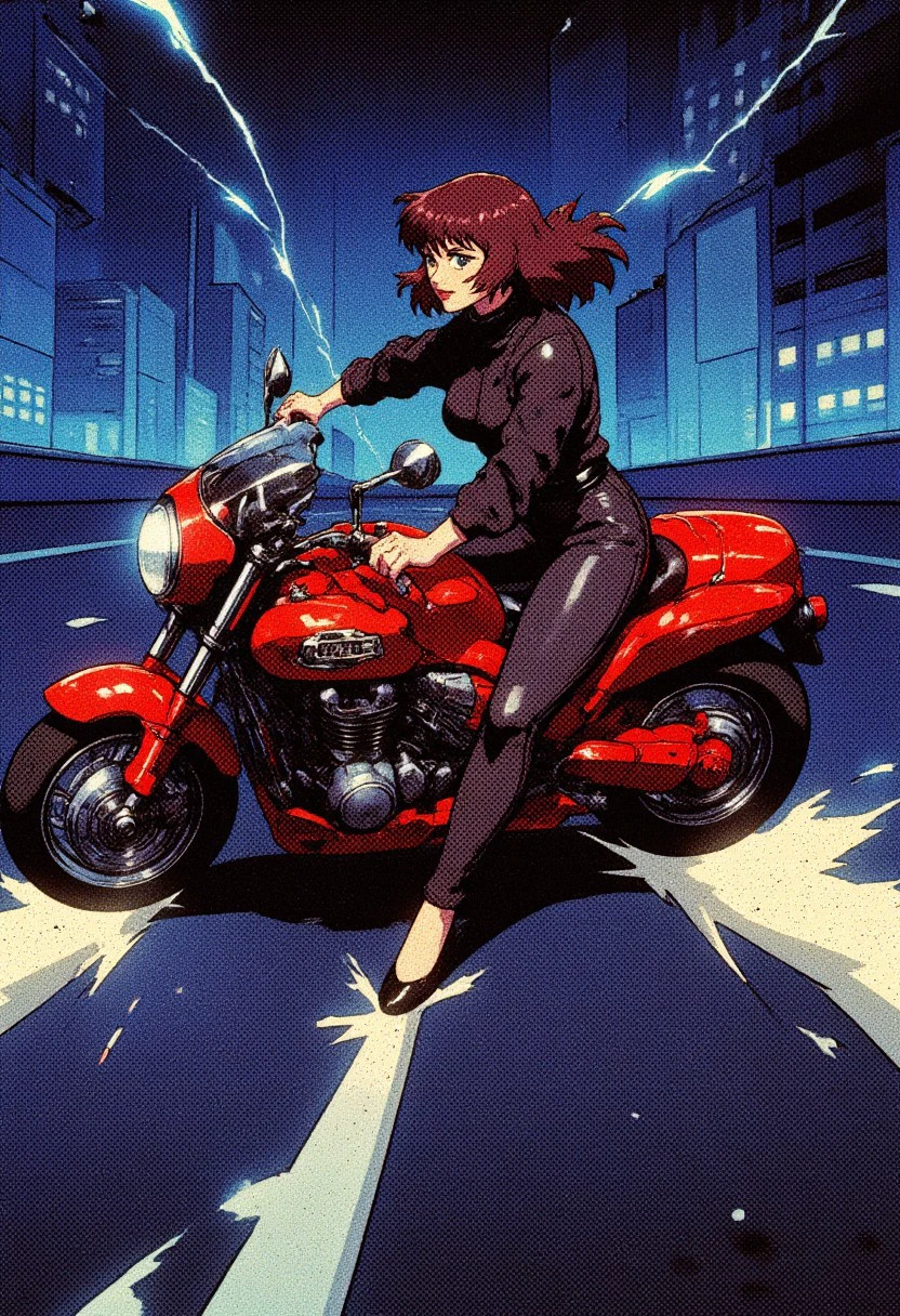 Retro anime image of a woman in a black leather jumpsuit on a large red motorcycle sliding her motorcycle across the road, hyperdetailed, set at night, akira slide, AkSlide