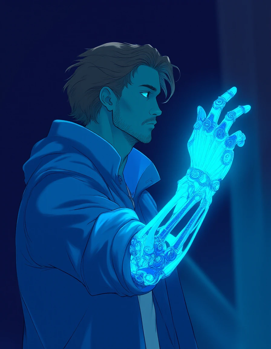 semi realism anime style, a man with a glowing prosthetic hand, glowing vivid cyan <lora:Glowing_Prosthetic:1>