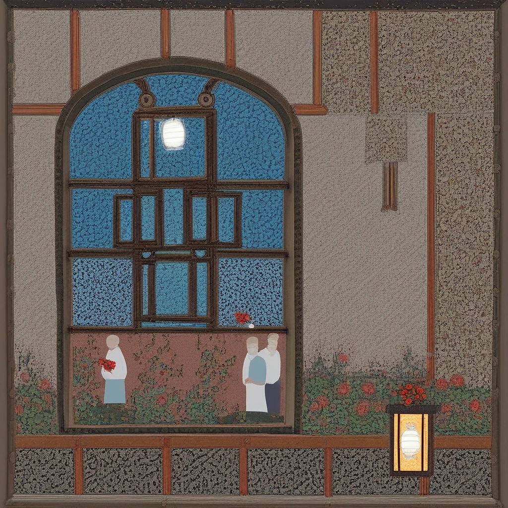 window, 1girl, multiple boys, flower, lantern, red flower