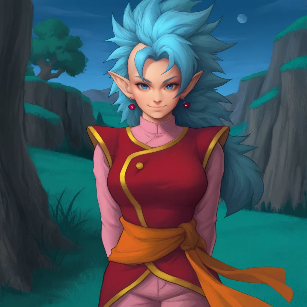 masterpiece, best quality, outdoors, night, dark, 1girl, solo, closed mouth, dbwsk, long hair, blue hair, spiked hair, mohawk, blue eyes, pointy ears, red earrings, potara earrings, sleeveless tunic, red tunic, gold trim, gold button, shirt under tunic, pink undershirt, long sleeves undershirt, high collar, pants, loose pants, pink pants, orange sash, looking at viewer, smile, lineart, sketch <lora:West_Supreme_Kai_V2:0.6>