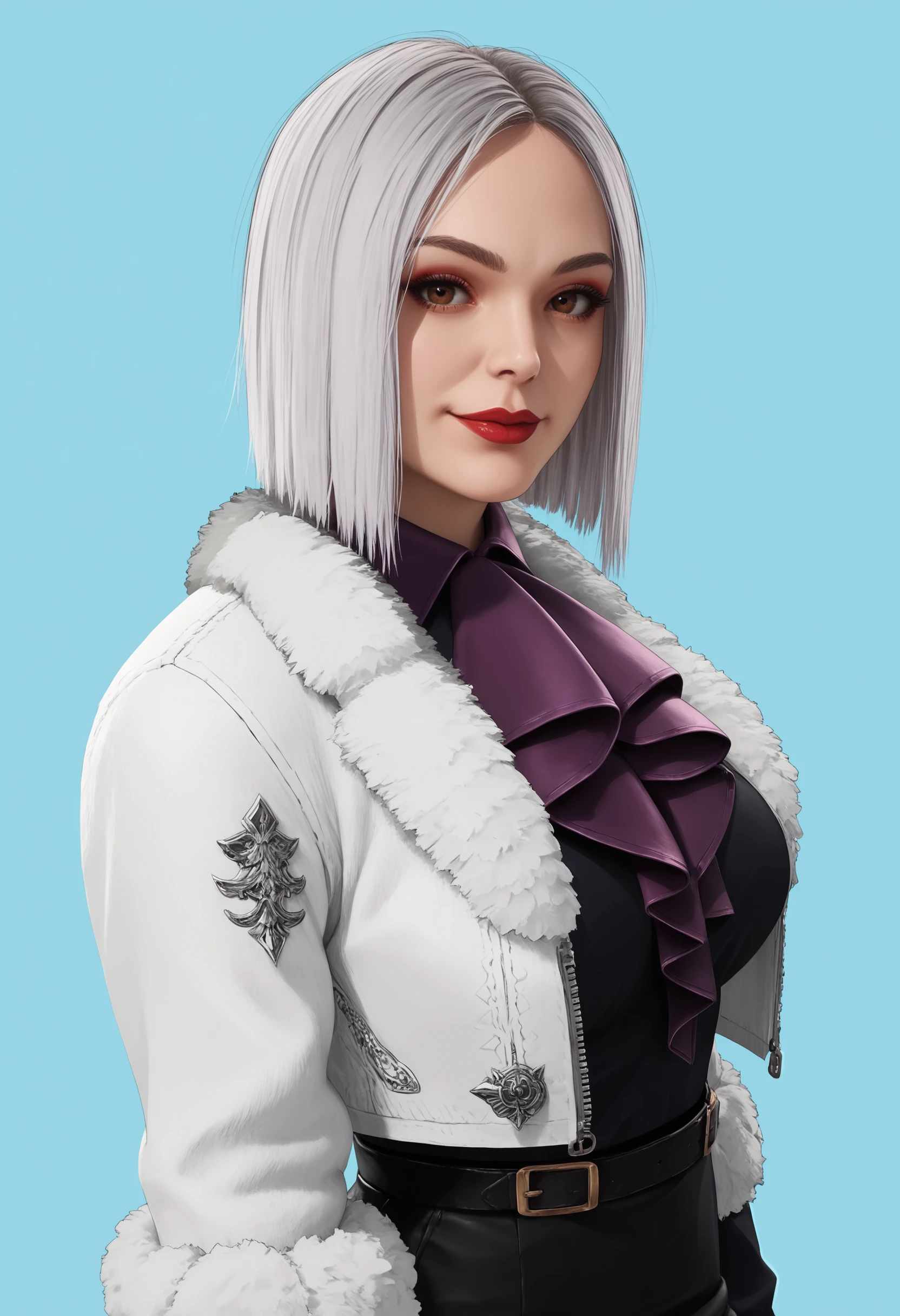 score_9, score_8_up, score_7_up, score_6_up, score_5_up, score_4_up, 1girl, <lora:YunjinDBD:0.75> brown eyes, short hair, white hair, lipstick, makeup, ascot, lips, jacket, fur trim, skirt, black skirt, black footwear, upper body, standing, looking at viewer, smile, huge breasts, cleavage, from side,
light blue background, simple background,