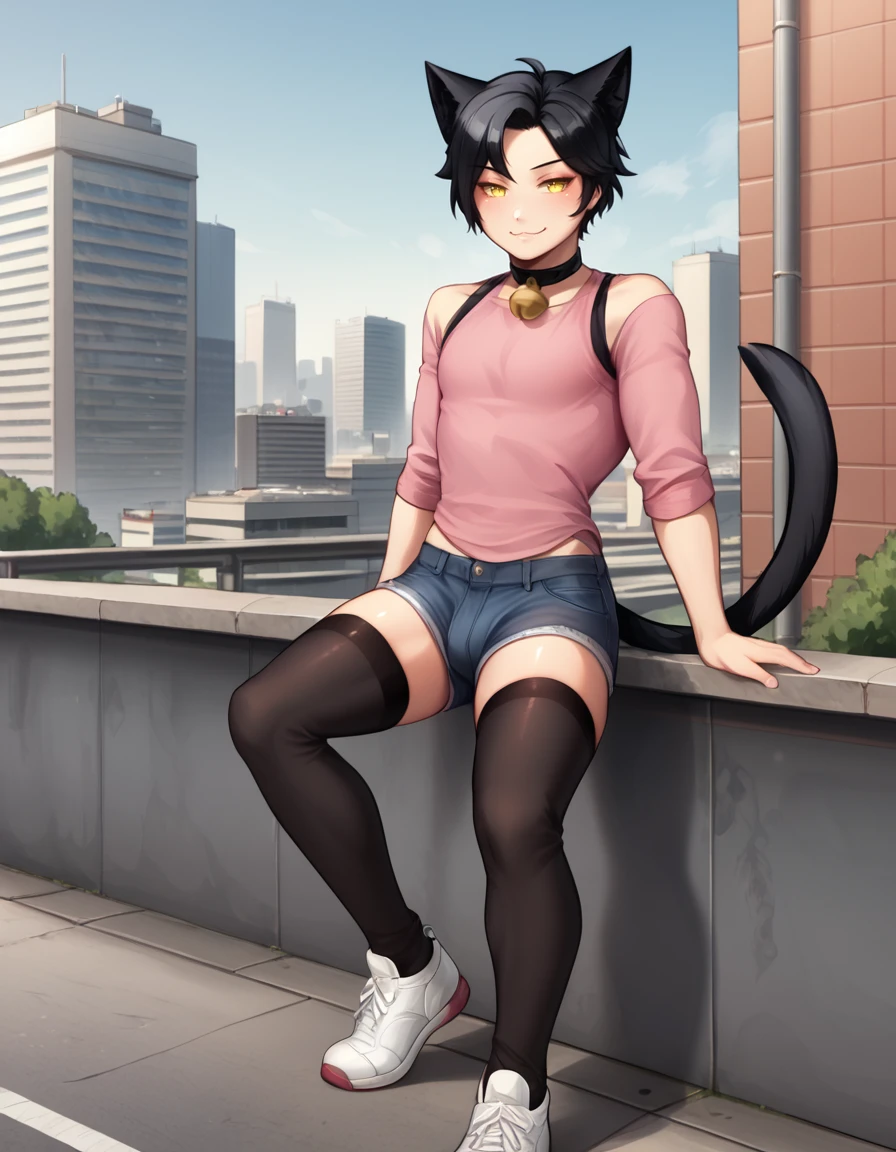 outdoors,city,tokyo \(city\), 
Author,1boy,solo,cat boy,animal ears,black hair,cat ears,short hair,tail,yellow eyes,cat tail,neck bell,parted bangs,
full body,seductive smile,long eyelashes,
denim shorts, thighhighs, pink shirt, sports footwear,
<lora:Author_v01_PDXL:1>,
<lora:add-detail-xl:1>,