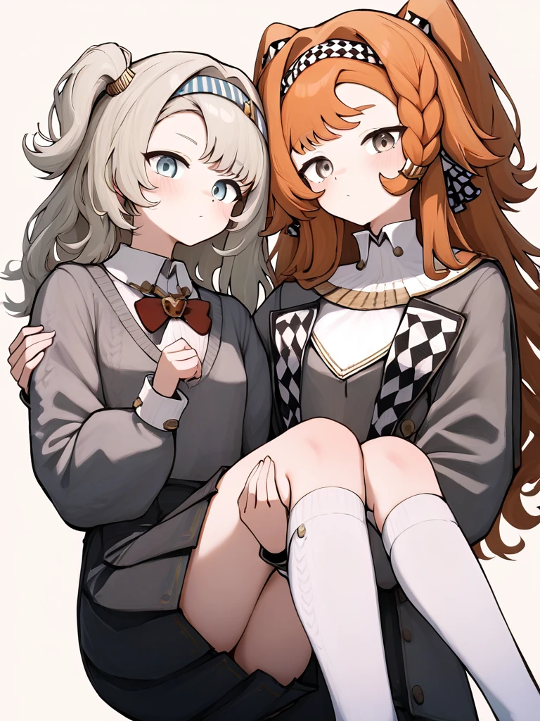 check_9, check_8_up, check_7_up, check_6_up, check_5_up, check_4_up, 1 girl, ffvendis, Red hair, Blue eyes, double braids, hair bow in striped dress, Striped sleeves, puffy sleeves, striped knee socks, sitting on the floor, legs focus, detailed eyes, gloomy background,