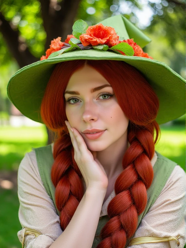 <lora:Mirabel_Garlick:0.9> mirabel garlick, full body,  a woman with a hat with flowers and redhair long twin bread, freckles, green eyes, closeup face portrait in a garden.