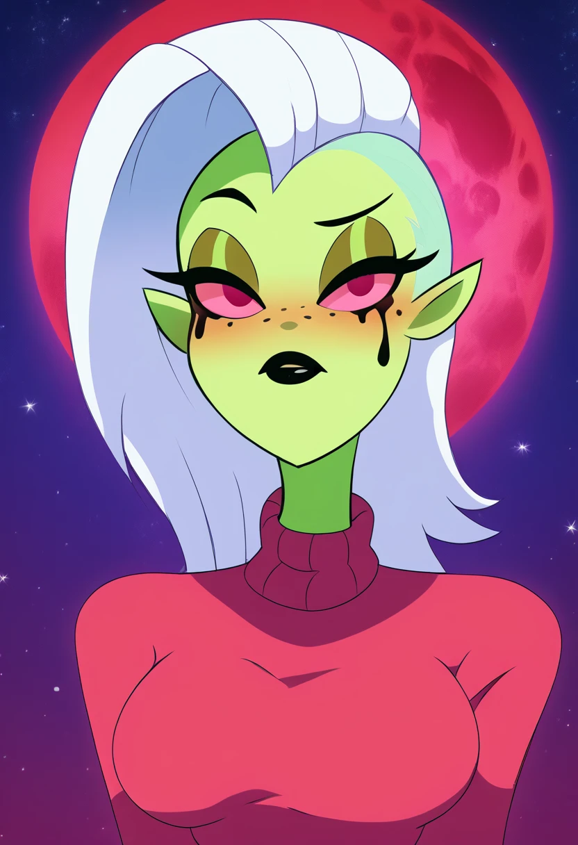 zPDXL, score_9,score_8_up,score_7_up,_up,source_cartoon, best quality, amazing quality, masterpiece, 1girl, looking at viewer, solo, blush, lord dominator, green skin, white hair, pink eyes, freckles, (no nose) , no nostrils, pointy ears, black lips, <lora:LordDominator:0.8>, dark forest, night, red moon, stars at the sky, wallpaper, beautiful nature, beautiful background, clevage,sweater, large breast, visible boobs,  dalley alpha, <lora:DalleyLeAlpha:1.2>