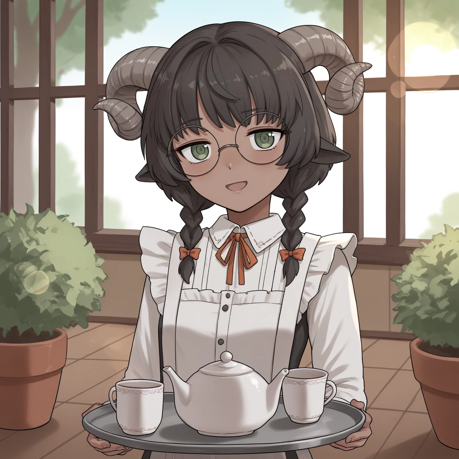 score_9, score_8_up, score_7_up, score_6_up, score_5_up, score_4_up, source_anime, rating_safe BREAK
1girl, solo, 
kyub4lt, sheep horns, sheep ears, black hair, green eyes, dark-skinned female, short hair, glasses, twin braids,
maid, holding tray, teapot,
garden, sunbeam, lens flare, god rays,
 <lora:kyubalt_kyub4lt_v1:0.9>
 <lora:n2000_pdxl:0.8> n2000_style