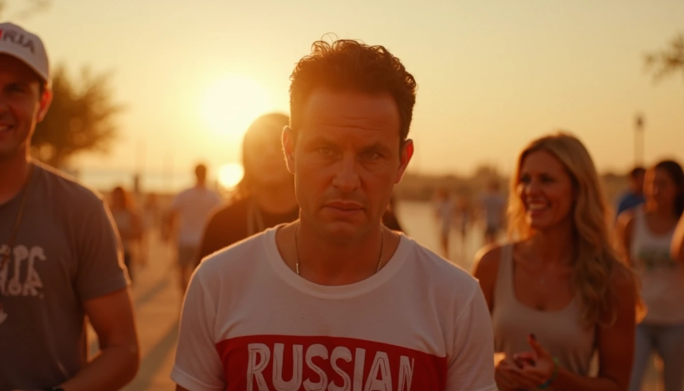 <lora:Brian Kilmeade-Flux-LoRA-Trigger is ohwx man:1> ohwx man, wearing a shirt that says Russia!, Film footage, family on some holiday, having made a large number of money he spent it with running through 's head in a montage as they party. High quality footage, golden hour, epic lighting.