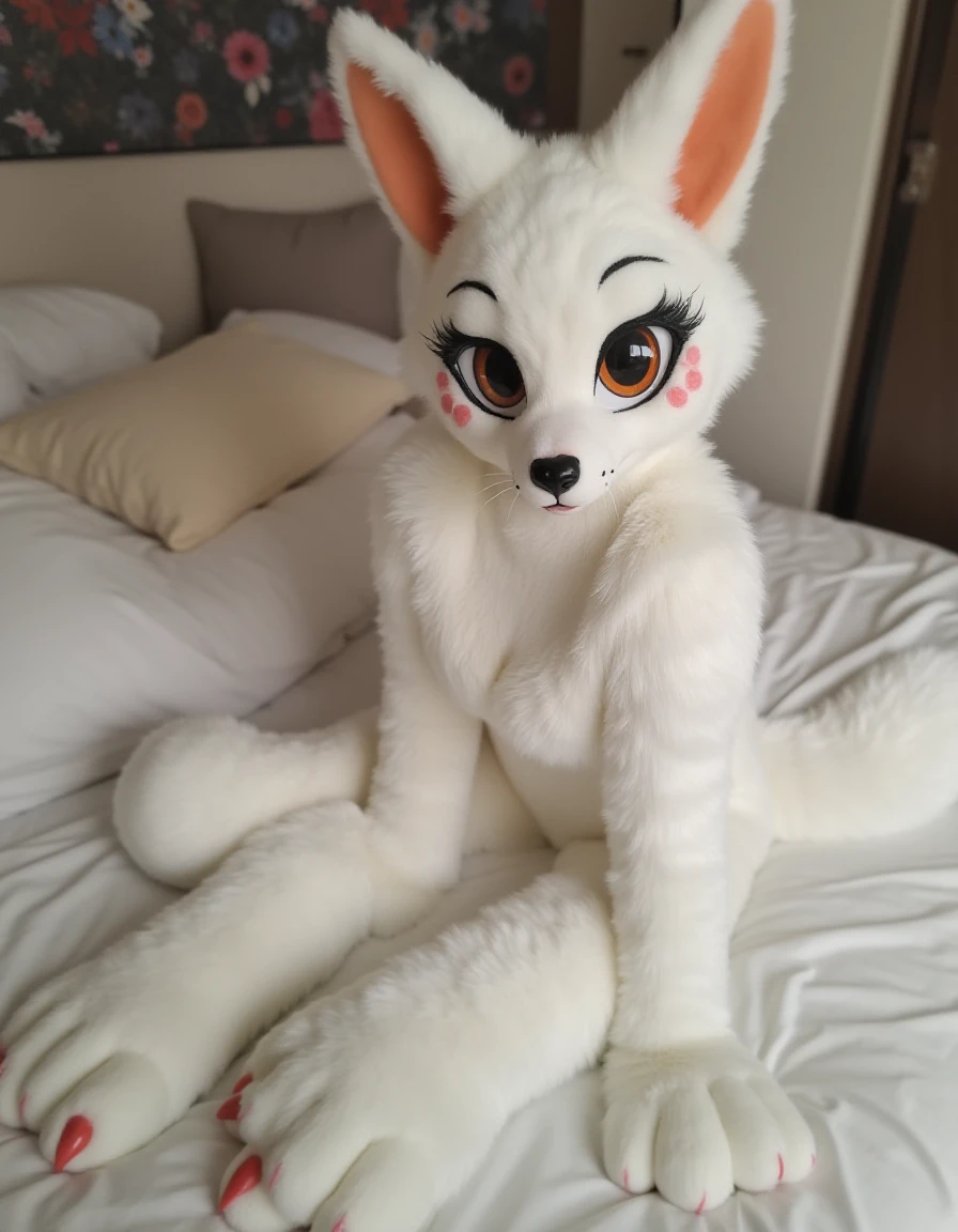 Sexy hot Judy Hopps, (open robe), (flashing her satin corset), (thong showing), high heels, thigh high stockings, laying in bed, pants pulled down, cameltoe, (furry)