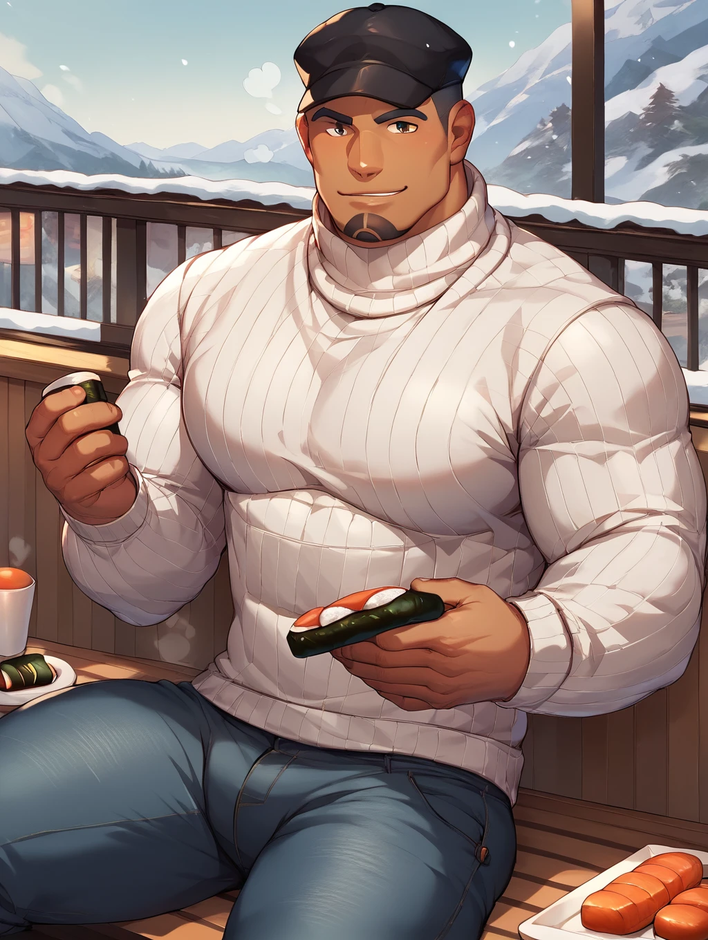 <lora:Cliff_PonyXL:0.93> cliffpokemon, (white sweater:1.3), jeans, muscular, bara, chubby, indoor, snow, sushi restaurant, sushi, steam, looking at viewer, black headwear, tan, sitting, score_9, score_8_up, score_7_up, score_6_up,