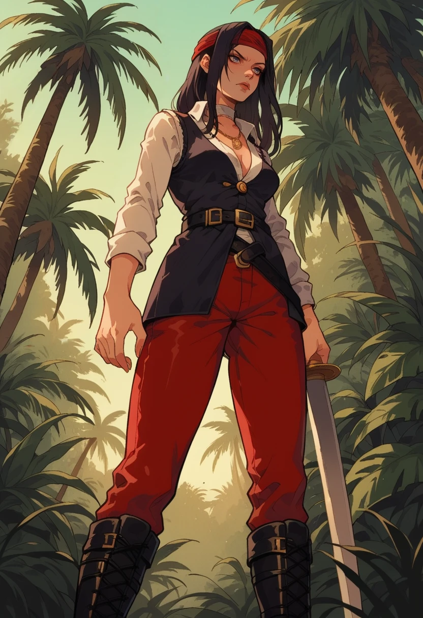 score_9, score_8_up, score_7_up, 1girl, solo, SulfS-PatR2, long hair, black hair, red headband, black vest, white shirt, necklace, red pants, black belt, black boots,
jungle, palm tree, standing, from below view, holding sword, serious look, action pose, tense,
<lora:Patty_Steelbeard_Character__Outfit_-_Risen_2_Dark_waters:0.8>, <lora:Sinozick_Style_XL_Pony:1> sinozick style, flat color, dark theme