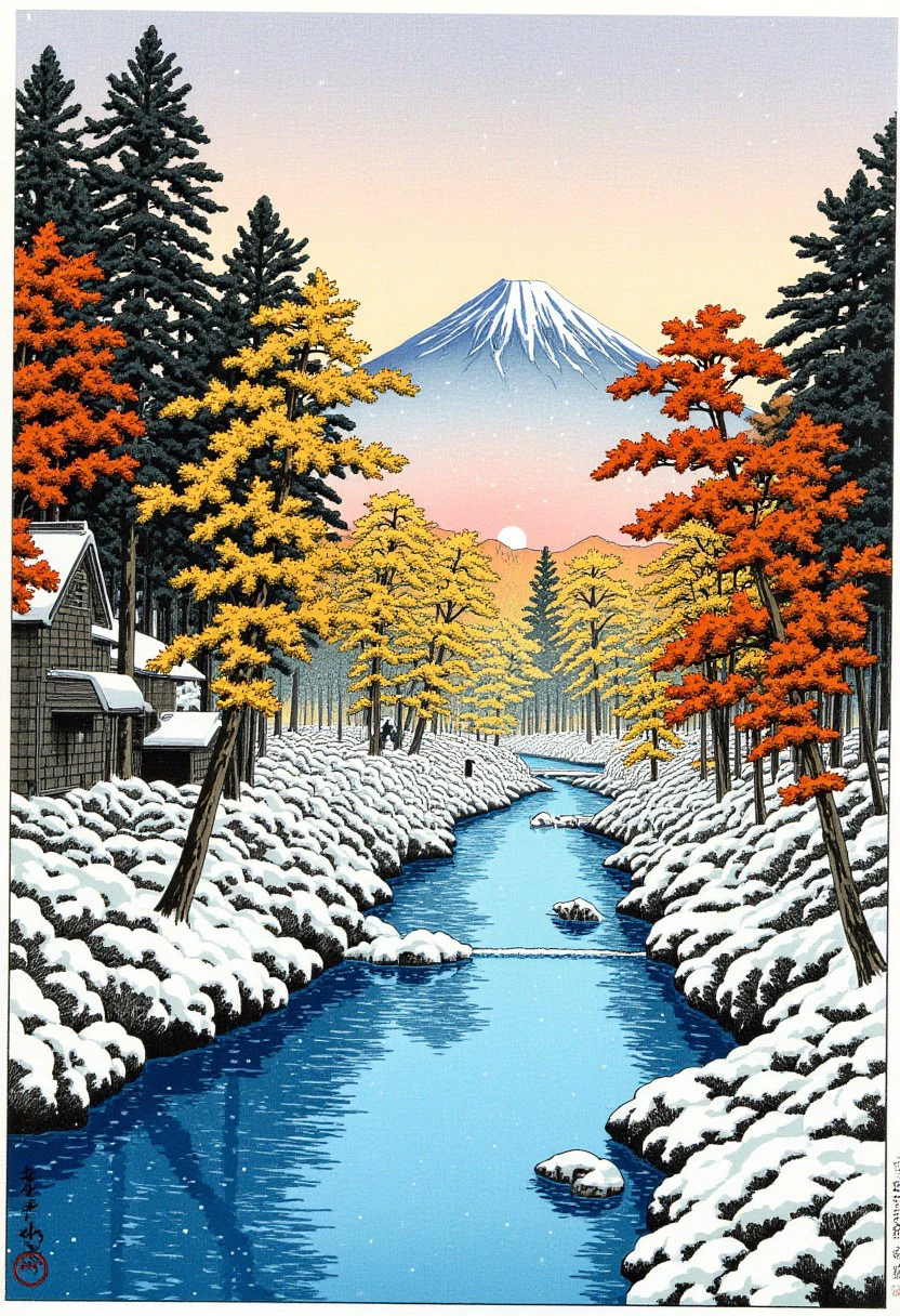 A scene set in winter where the leaves are turning yellow and orange.Snow falling gentle upon the ground. As a river stretches between the trees and the sun softly sets in the distance, Mount Fuji on the horizon,by Hasui Kawase, Hkawa