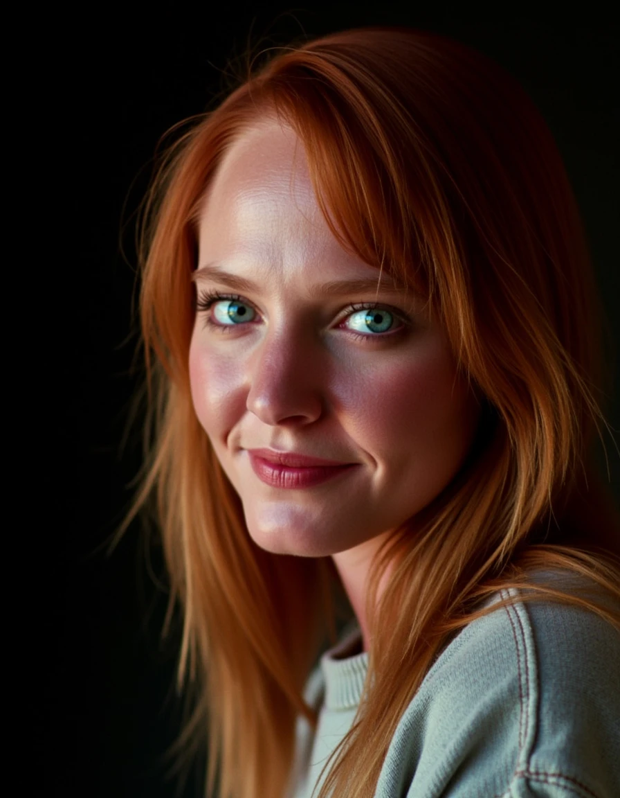 A conceptual portrait of a red haired young woman, wearing casual clothes. She has bright beautiful face makeup, and her expression is calm and contemplative happy. She's looking at the viewer. Her smile is creating a sense of mystery and connection to an unseen world. The image is high-contrast, with deep blacks and shimmering gold highlights. Camera Settings: Captured with a Canon EOS-1D X Mark III, 85mm lens, f/1.8, with high dynamic range to make the threads glow against the dark background.  <lora:Alice - nightmare on elm street 4:1>