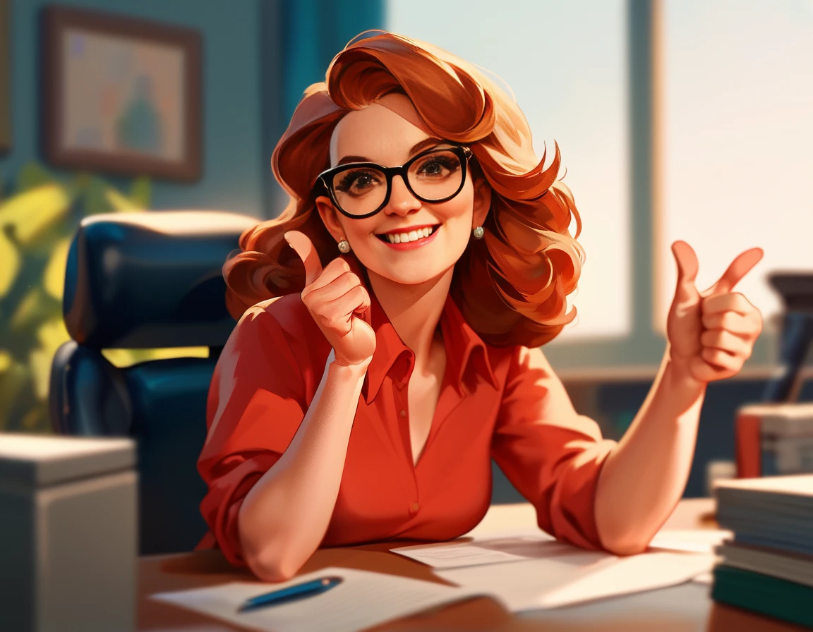 score_9, score_8_up, score_7_up, 
woman, glasses, 
sitting at desk, giving two thumbs up,
red shirt, small office,
depth of field, highly detailed, high contrast, film grain, Rim Lighting
<lora:tina_fey-Pony_v1:0.7>  skindetailpxl,