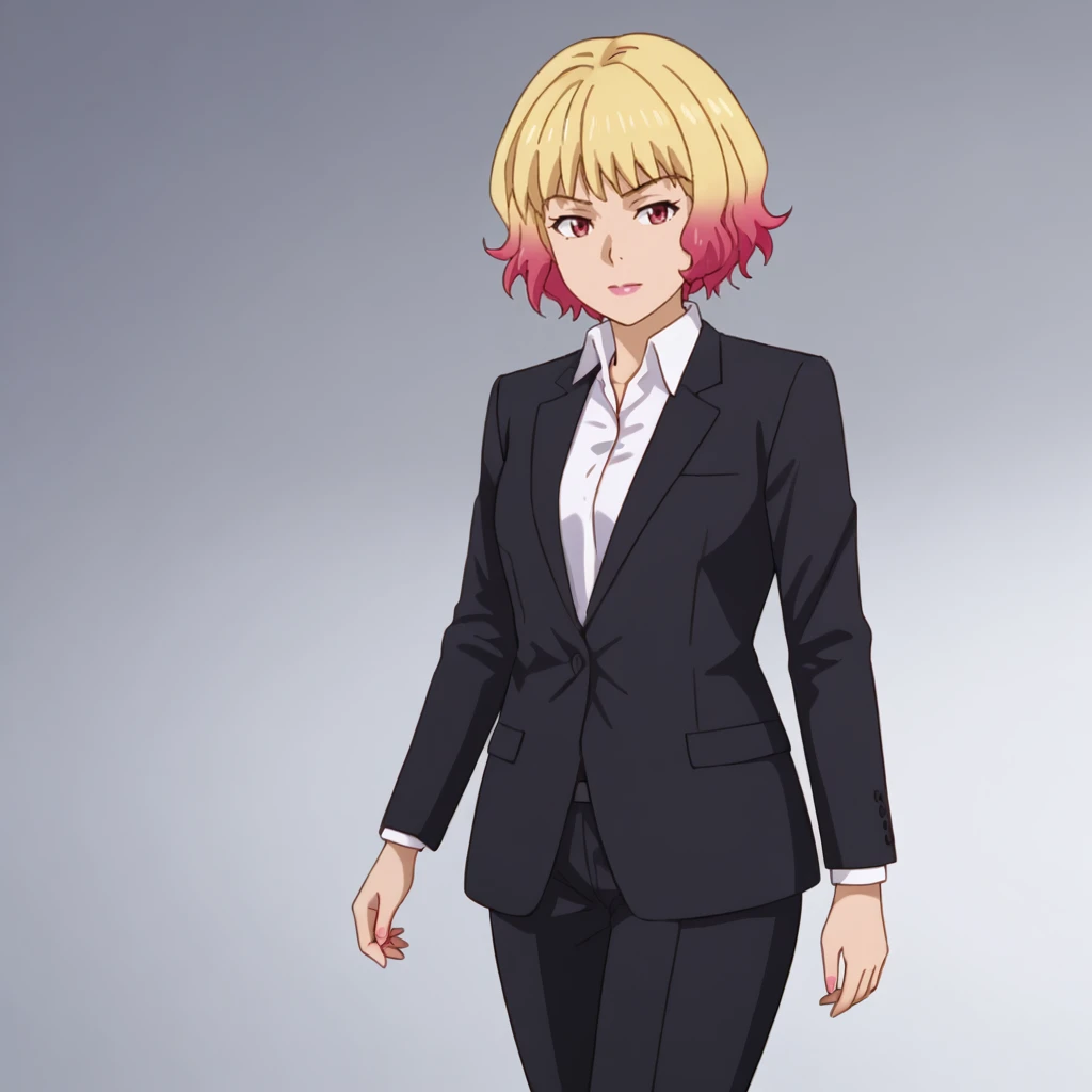 <lora:sofialouis_pony_v1:.75>  SofiaLouisBusiness, formal, suit, 1girl, red eyes, makeup, lipstick, short blonde pink multicolored two-tone gradient hair, collared white shirt, black jacket, cowboy shot