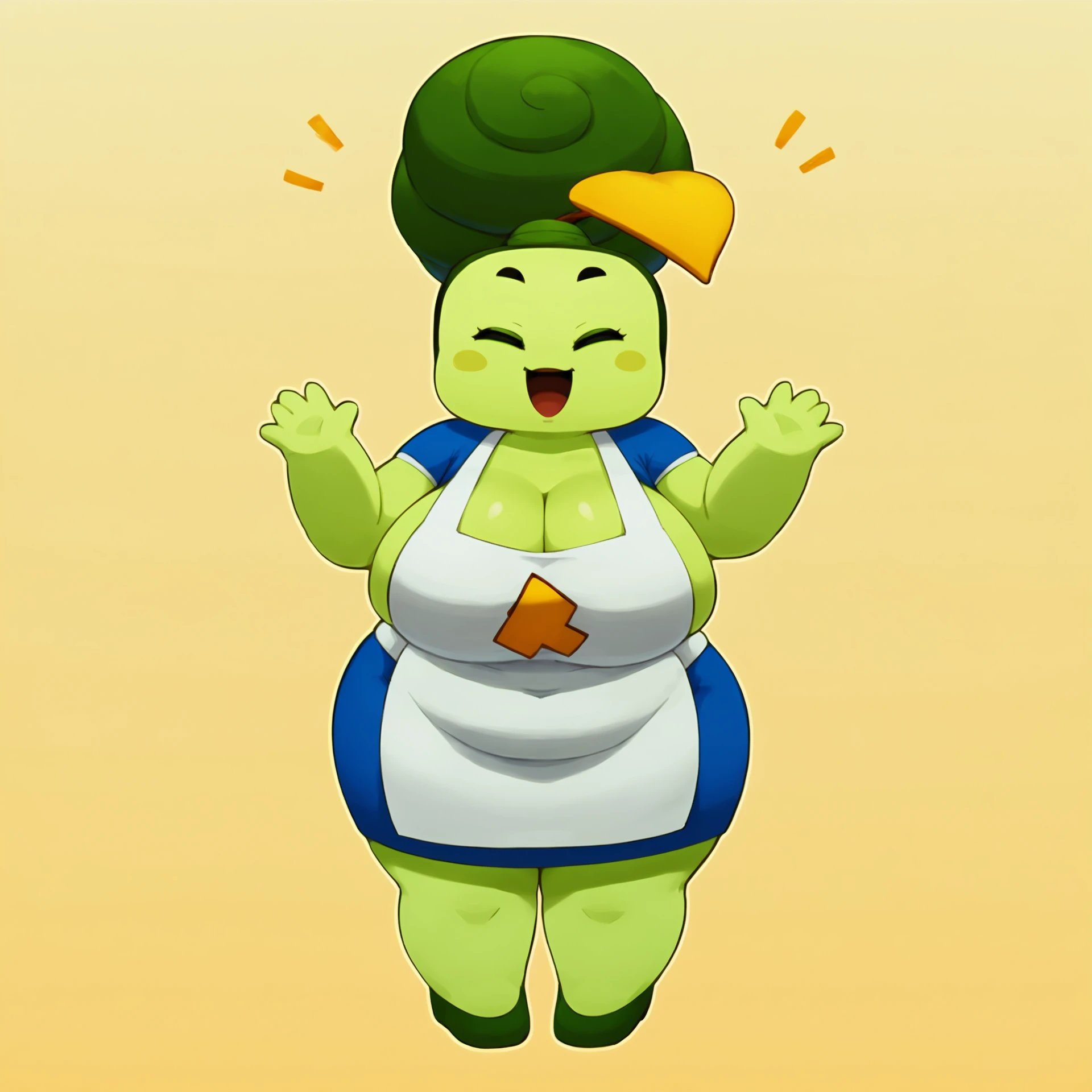 score_9, score_8_up, score_7_up, ml_w1llm4, full body, 1girl, happy, smile, laughing, huge breasts, closed eyes, bbw, chubby, cleavage, hair bun, leaf, overweight female, plump, green hair, solo, wide hips, colored skin, green skin, apron, dot eyes, makeup