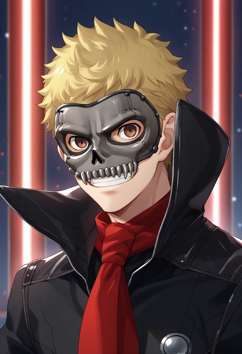 score_9, score_7_up, source_anime 
ryuji, 1boy, male focus solo, brown eyes, blonde hair, short hair, skull outfit, mask, skull mask, jacket, black jacket, high collar, leather jacket, leather, scarf, red scarf, grin, upper body,
indoor, darkness, dark, lights, red lights,