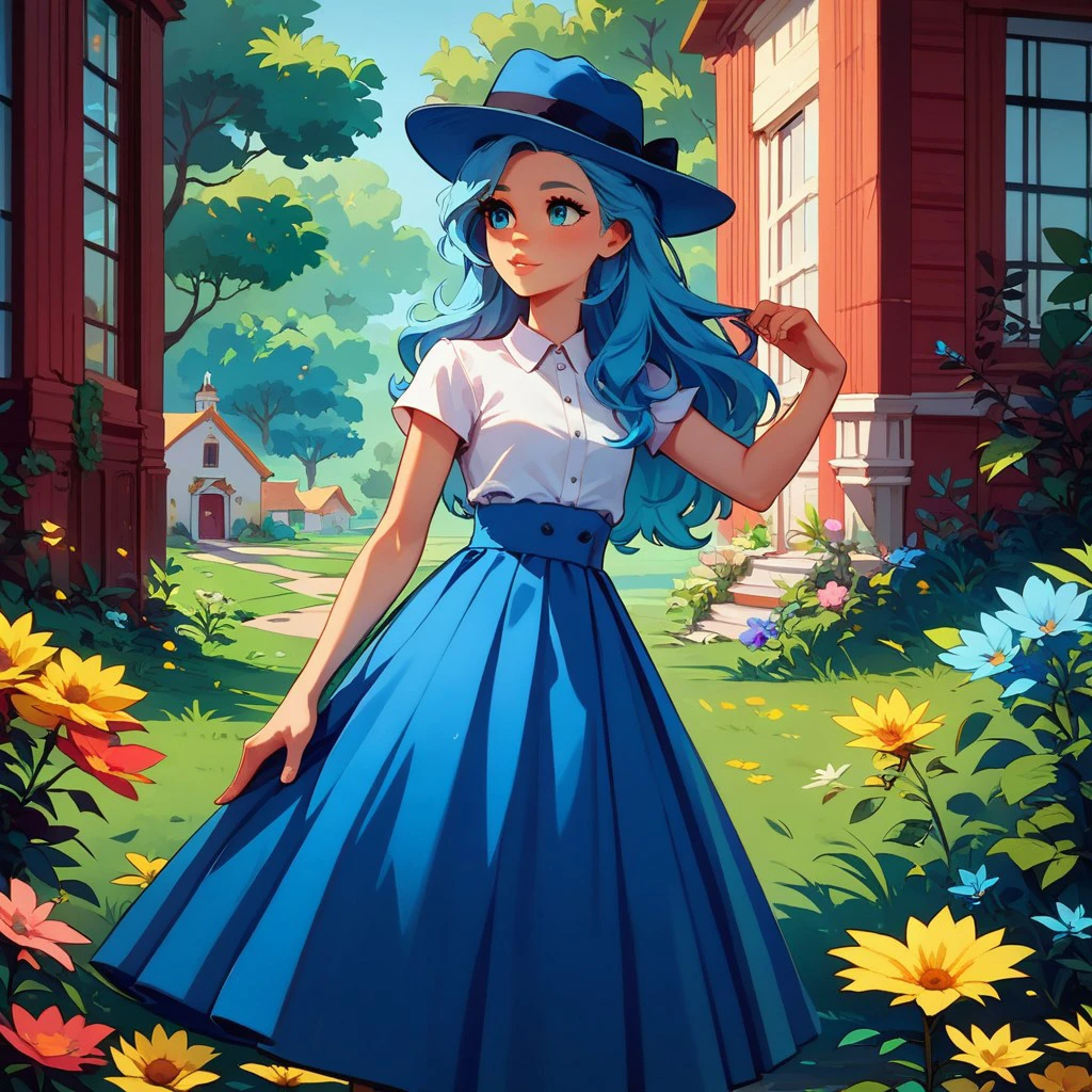 score_9, score_8_up, score_7_up, score_6_up, 1girlm small breasts, petite body, Lorna, light blue hair, long hair, blue hat, fedora, long blue skirt, white shirt, standing in a lush green field, house on a hill, surrounded by colorful flowers, bright sunny day, elegant and relaxed pose, serene and magical atmosphere,