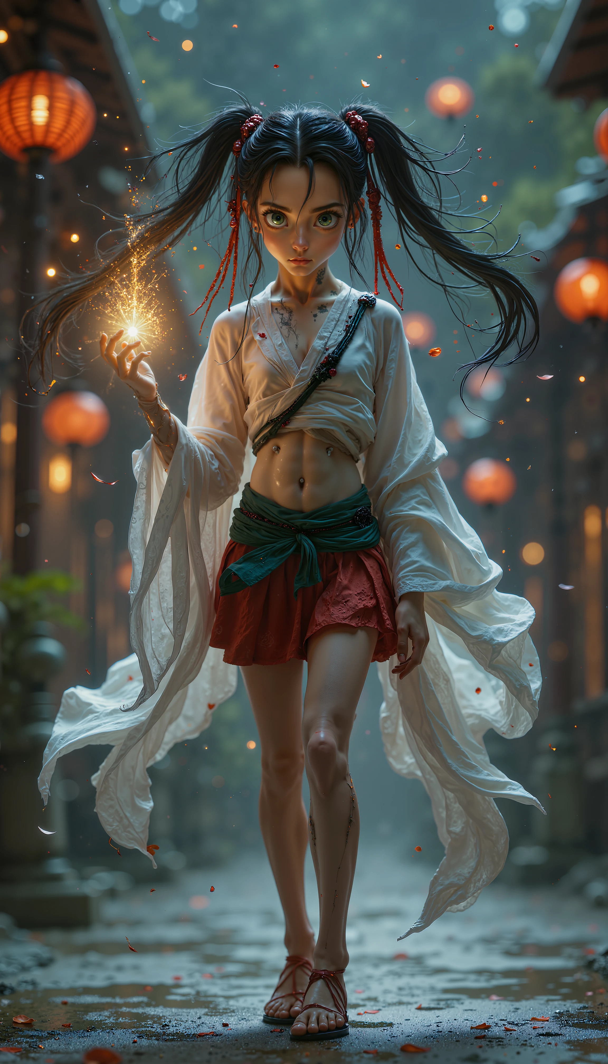 A young, alluring Japanese shrine maiden (miko) with a slender, well-proportioned physique and long twin-tails flowing behind her, **4K ultra HD, stunning detail, realistic textures, cinematic lighting, volumetric light rays, masterpiece quality**. Her twin-tails are tied with red ribbons, adding elegance and movement to her look. She wears a white, flowing top with wide sleeves and red ribbon details, tied with a green obi, and a short, parted skirt that elegantly reveals her toned, correctly proportioned legs. Her body has natural, anatomically accurate curves, and her expression is focused as if in a divination ritual. She holds a glowing talisman, surrounded by floating mystical symbols. The scene is set in a serene, moonlit shrine courtyard with petals falling, **highly detailed textures, realistic fabric folds, depth of field effects, cinematic shadows, lifelike anatomical accuracy**., <lora:Flux_Cybernetic_Corruption-V1.1.safetensors:1.0:1.0>