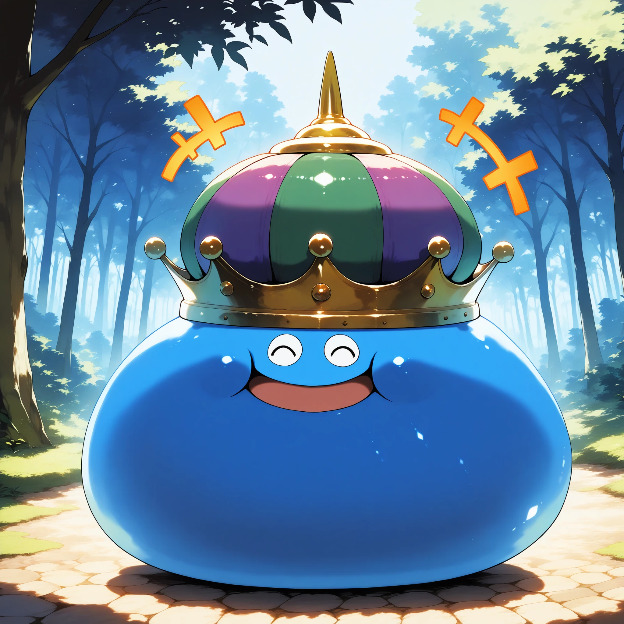 masterpiece,extreme detailed,source anime BREAK no humans,no_legs,day,nature,forest,
BREAK king slime,slime (dragon quest),crown,<lora:king slime-IL:1>,smile,^o^,+++,