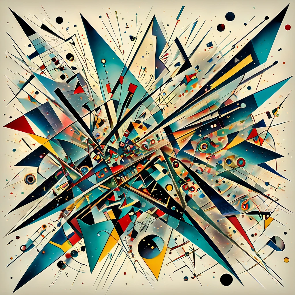 Exploding geometrical shapes in motion, Vortex of shattered mirrors and scattered light, Glowing particles orbiting an unseen force, Wassily Kandinsky, Kazimir Malevich, Frank Stella, Geometric, Shimmering, Ethereal, Fragmented, Energetic, Bold, Unpredictable, Blended, Translucent, Surreal masterpiece, best quality, absurd resolution, artabs,  <lora:artfullyABSTRACTA:1>,