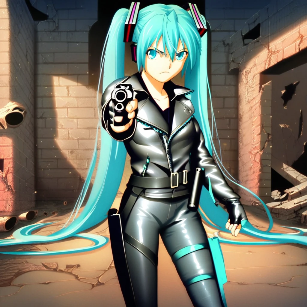 score_8, score_8_up, score_7_up, source_anime, anime screenshot, 1girl, female focus, solo,   Hatsune Miku, aqua hair, twintails, aqua eyes, Road_Wargear, leather jacket, asymmetrical clothes, zipper, zipper pull tab, asymmetrical sleeves, single pauldron, Fingerless gloves, black gloves, belt, belt buckle, black shirt, black pants, leather pants, thigh holster, looking at viewer, gun, holding gun, double-barreled shotgun, sawed-off shotgun, aiming at viewer, frown, cowboy shot, standing, indoors, ruins, brick wall, dust,