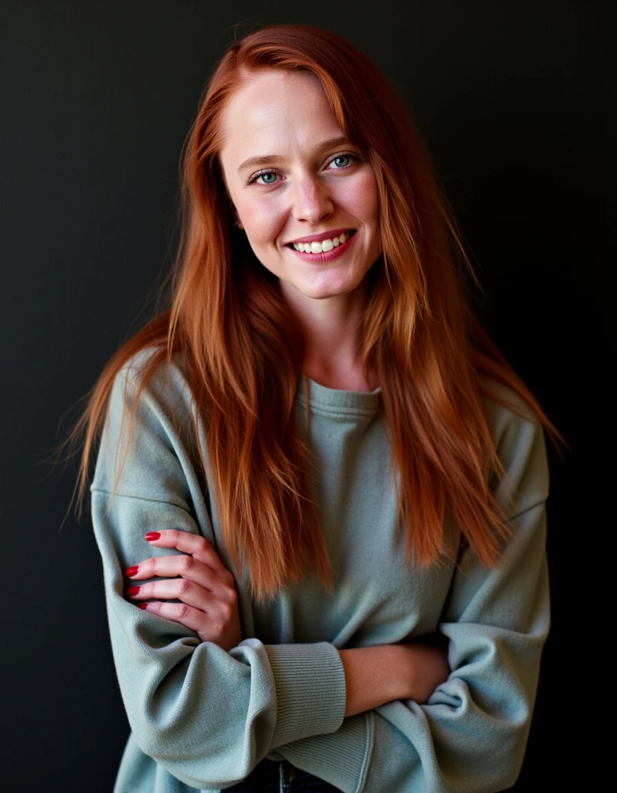 A full body shot of a red haired young woman, wearing casual clothes. She has bright beautiful face makeup, and her expression is calm and contemplative happy. She's looking at the viewer.  She's at school. Her smile is innocent, naive and sincere. The image is high-contrast, with deep blacks and blurry highlights. Camera Settings: Captured with a Canon EOS-1D X Mark III, 85mm lens, f/1.8, with high dynamic range to make the hair glow against the dark background.  <lora:Alice - nightmare on elm street 4:1>