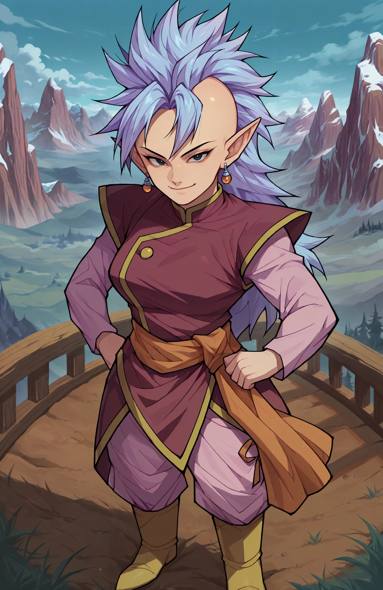 masterpiece, best quality, cloud, cloudy sky, mountain, mountainous horizon, outdoors, 1girl, solo, closed mouth, long hair, light blue purple hair, spiked hair, mohawk, black eyes, pointy ears, red earrings, potara earrings, sleeveless tunic, red tunic, gold trim, gold button, shirt under tunic, pink undershirt, long sleeves undershirt, high collar, pants, loose pants, pink pants, orange sash, boots, yellow boots, standing, full body, looking at viewer, smile, hands on own hips, <lora:West_Supreme_Kai_V2:0.6>