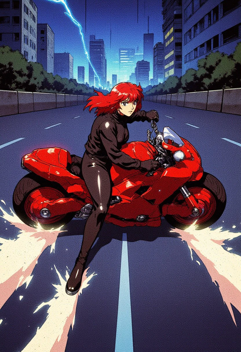 Retro anime image of a woman in a black leather jumpsuit on a large red motorcycle sliding her motorcycle across the road, AkSlide