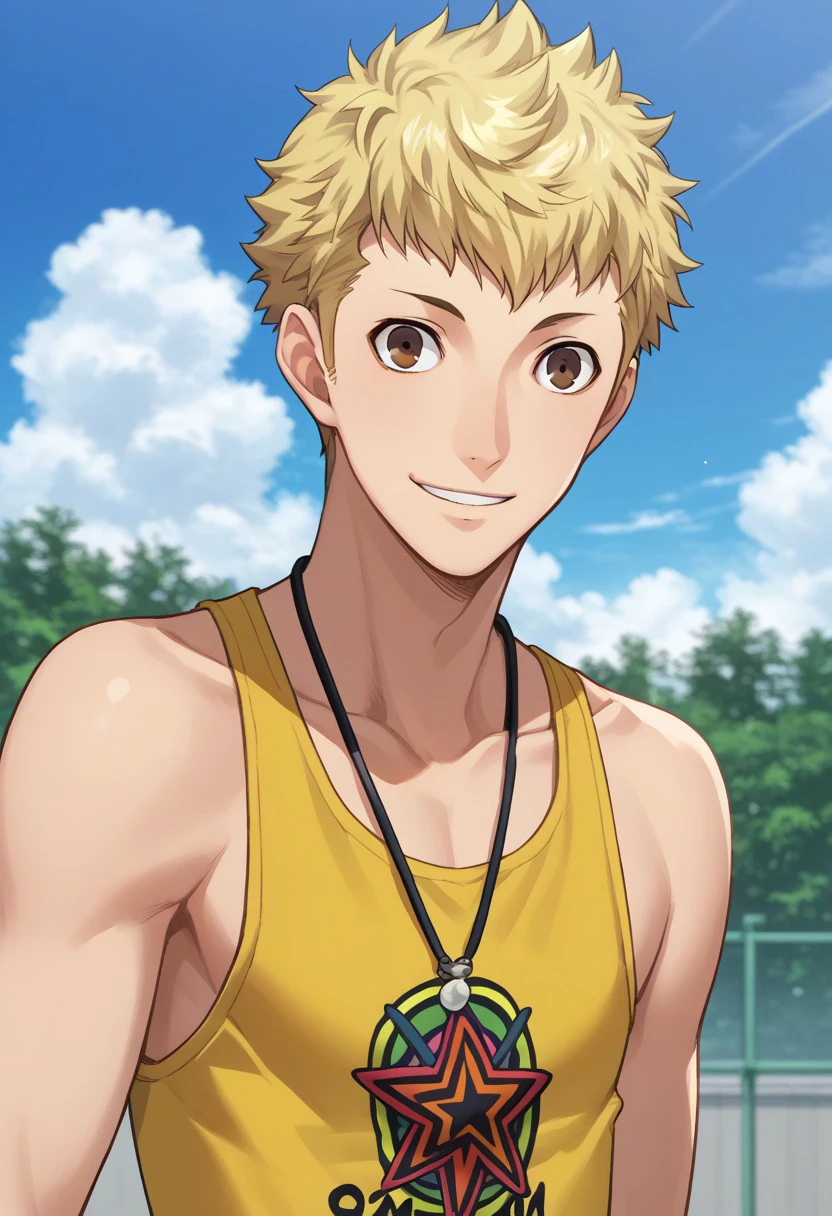 score_9, score_7_up, source_anime 
ryuji, 1boy, male focus solo, brown eyes, blonde hair, short hair, tank top, yellow tank top, jewelry, necklace, smile,
standing, 
outdoor, sky,