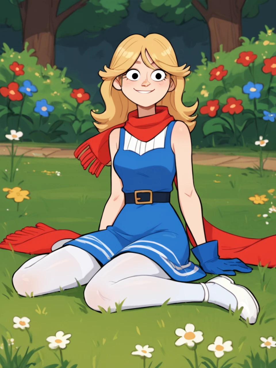 score_9, score_8_up, score_7_up, BREAK, J3nny, 1girl, solo, long hair, blonde hair, dress, red scarf, black eyes, blue gloves, white footwear, white pantyhose, in the park, sitting on the ground, smile, grass, flowers <lora:Jenny-000009:0.8>