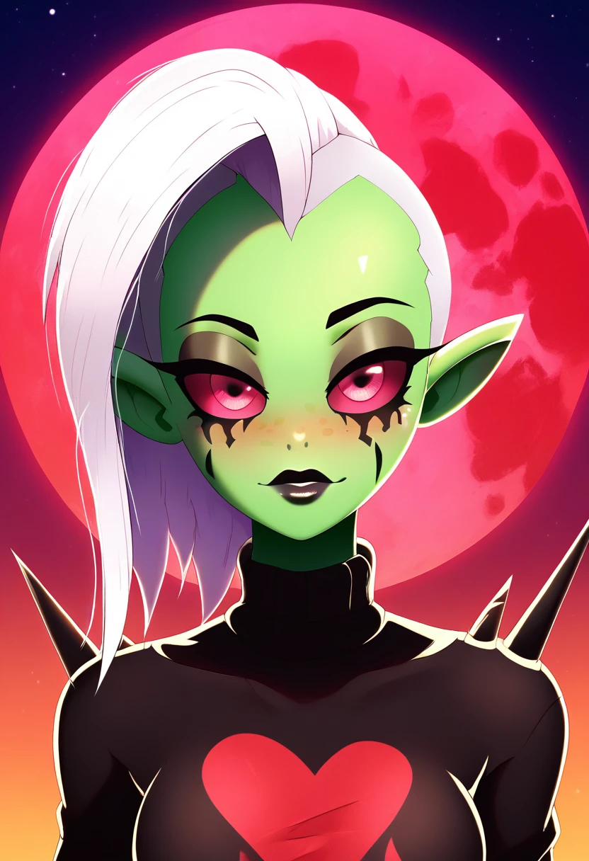 zPDXL, score_9,score_8_up,score_7_up,_up,source_cartoon, best quality, amazing quality, masterpiece, 1girl, looking at viewer, solo, blush, black lips, <lora:LordDominator3D:0.8>, lord dominator wo!262, green skin, breasts, white hair, pink eyes, freckles, no nose, pointy ears, dark forest, night, red moon, stars at the sky, wallpaper, beautiful nature, beautiful background, clevage,sweater, large breast, visible boobs, dalley alpha, <lora:DalleyLeAlpha:1.2>