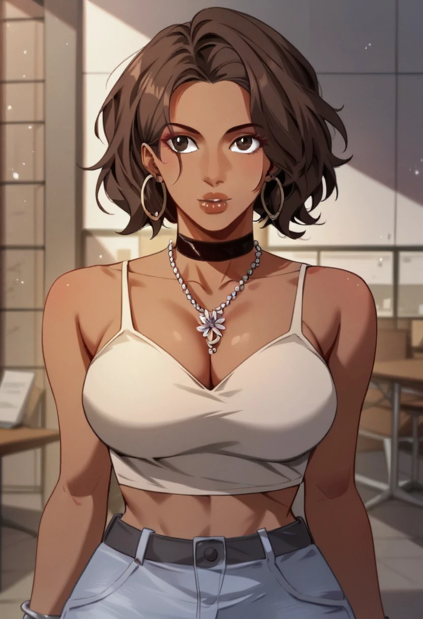 score_9, score_8_up, score_7_up, BREAK, Leah_Assistant, dark-skinned female, short hair, brown hair, brown eyes, large breasts, hoop earrings, pearl necklace, bracelet, black choker, cleavage, white tank top, crop top, midriff, black belt, jeans, 1girl, solo,