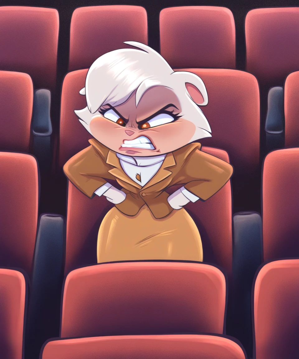 solo, sawyer, female, brown suit, angry, clenched teeth, hands on hips, movie theater, by milkybody,by joelasko, <lora:SawyerXL_01-Noob-nd64-lr2-ep24:1>