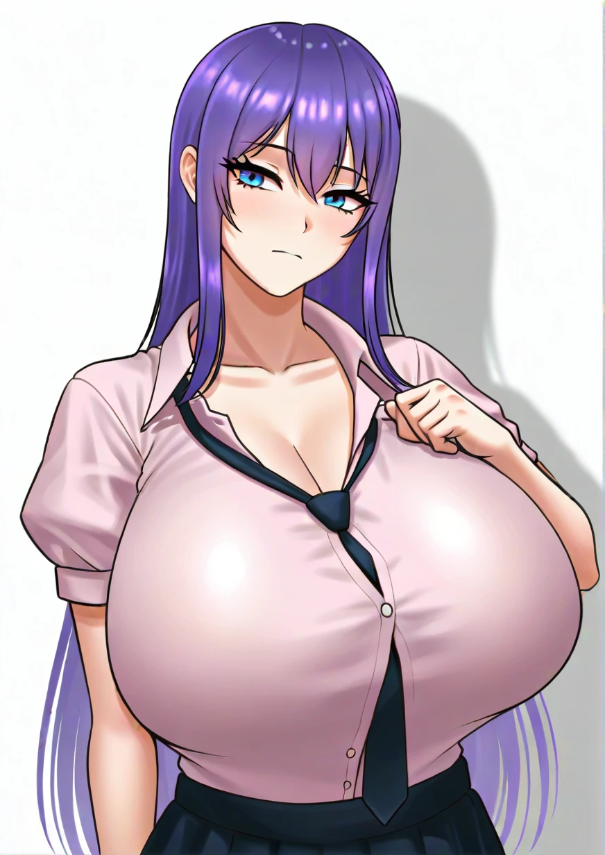 ((masterpiece)), (Highest quality), (detailed), (1 girl),, EPngeKatsuragiMisato,bed、Large Breasts、blush、camisole(tight)、Staring at a huge penis、Purple Hair, Brown eyes, Long Hair、srimk