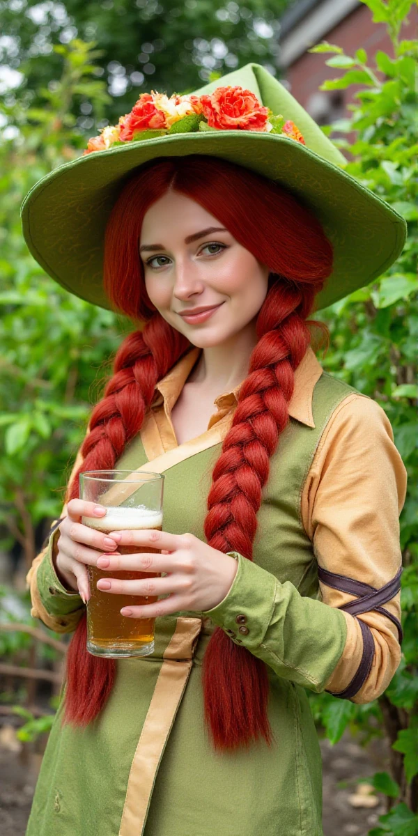 <lora:Mirabel_Garlick:0.9> mirabel garlick, full body,  a woman with a hat with flowers and redhair long twin bread, freckles, green eyes, dress. She holds a beer in a garden.