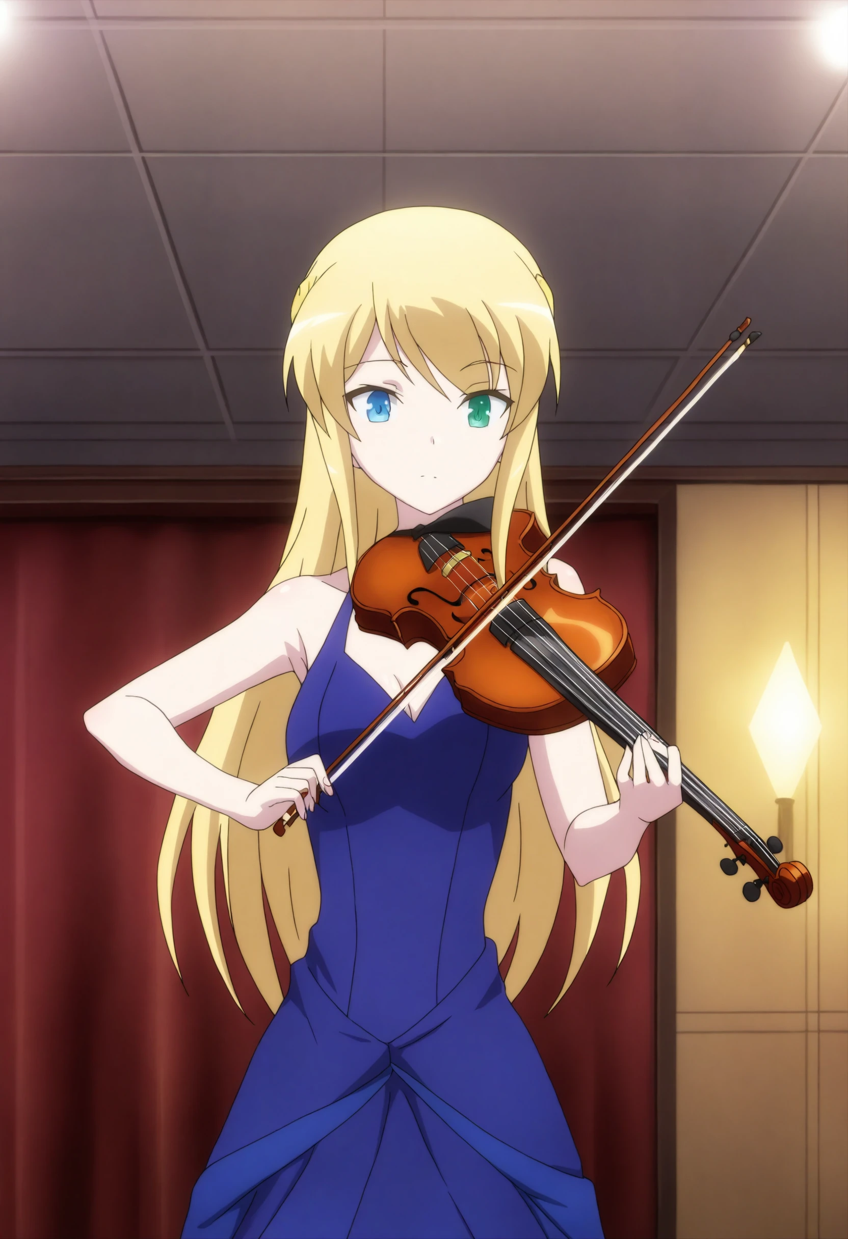 <lora:Yumina Ernea Belfast - [In Another World With My Smartphone] - illustriousXL v1:1>, sysdeep_yumina, blonde hair, heterochromia, blue eye, green eye, solo, indoors, concert hall, evening dress, playing the violin, captivated audience,