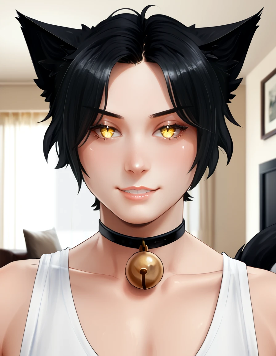 indoors,living room,
Author,1boy,solo,cat boy,animal ears,black hair,cat ears,short hair,tail,yellow eyes,cat tail,neck bell,parted bangs,
headshot,seductive smile,long eyelashes,
<lora:Author_v01_PDXL:1>,
<lora:add-detail-xl:1>,