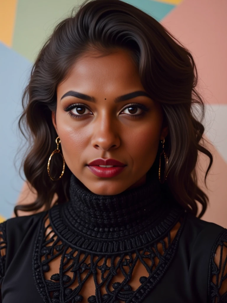 headshot photo of desi_dark  skin color athletic woman, candid photo with natural colors, serious expression on face,studio quality, wearing intricate conservative turtleneck Black Lehenga Choli, curls, constrasting pastel multicolored background, cinematic soft lighting <lora:DesiCoffee_Flux_Kohya_LoRA_v2:1>âââ