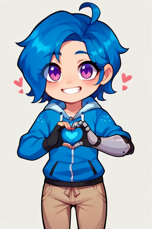 2D, score_9, score_8_up, score_7_up, BREAK, chibi, 1girl, solo, Tari, blue hair, ahoge, purple eyes, blue hoodie, mechanical arm, beige pants,heart fingers, heart hands, smile