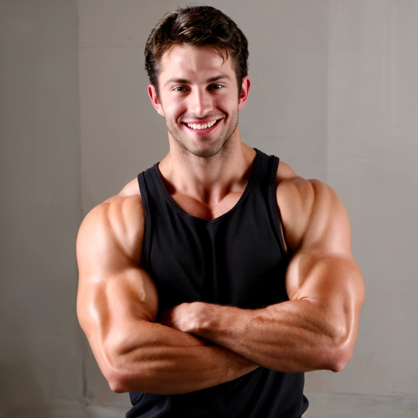 (RAW photo), high quality, absurdres, grey background,  realistic, portrait, muscular male, <lora:GavinWolfe:0.9> gavinwolfe, muscular male, black tank top, smileâââ