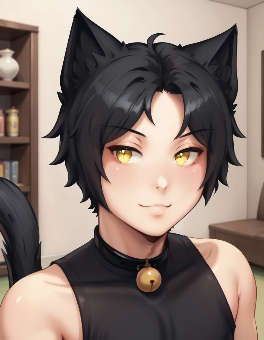 indoors,living room,
Author,1boy,solo,cat boy,animal ears,black hair,cat ears,short hair,tail,yellow eyes,cat tail,neck bell,parted bangs,
headshot,seductive smile,long eyelashes,
<lora:Author_v01_PDXL:1>,
<lora:add-detail-xl:1>,