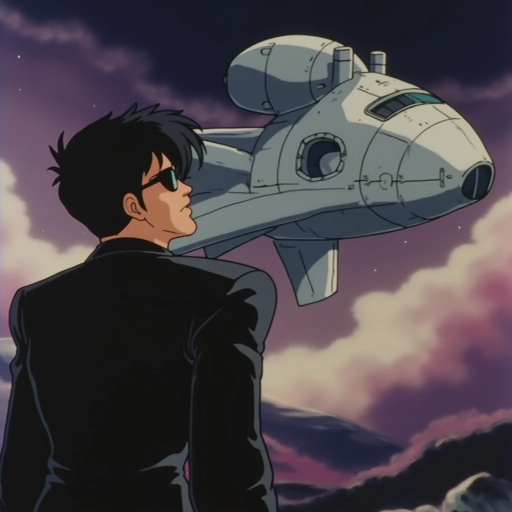 In style of Windaria. A man in a black suit and sunglasses watches a spaceship leave the atmosphere.