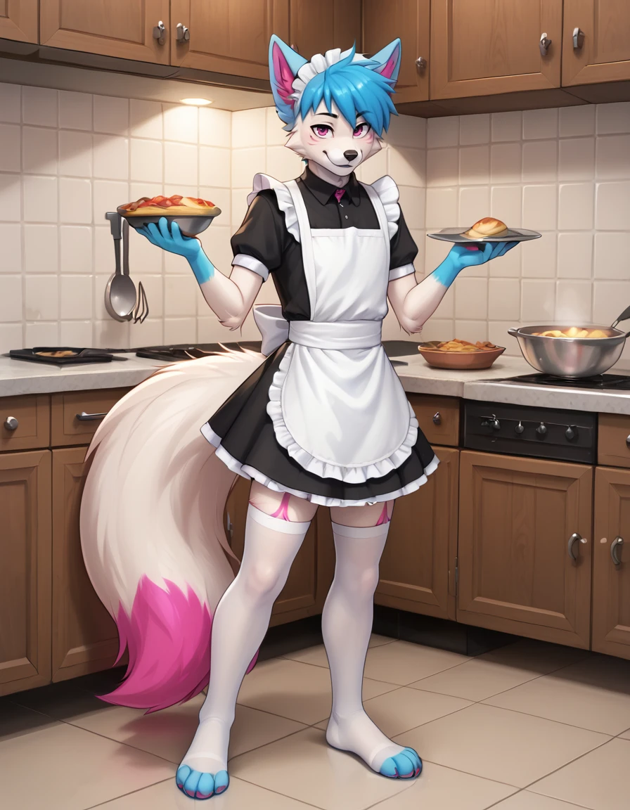 indoors,kitchen, 
Oliver,1boy,solo,blue hair,furry male,fox,animal ears,pink eyes,white fur,body fur,short hair,tail,bangs,two-tone fur,animal nose,snout,fox tail,fox ears,purple eyes,animal ear fluff,
full body,seductive smile,long eyelashes,
maid, maid headdress, thighhighs, cooking, 
<lora:Oliver_v01_PDXL:1>,