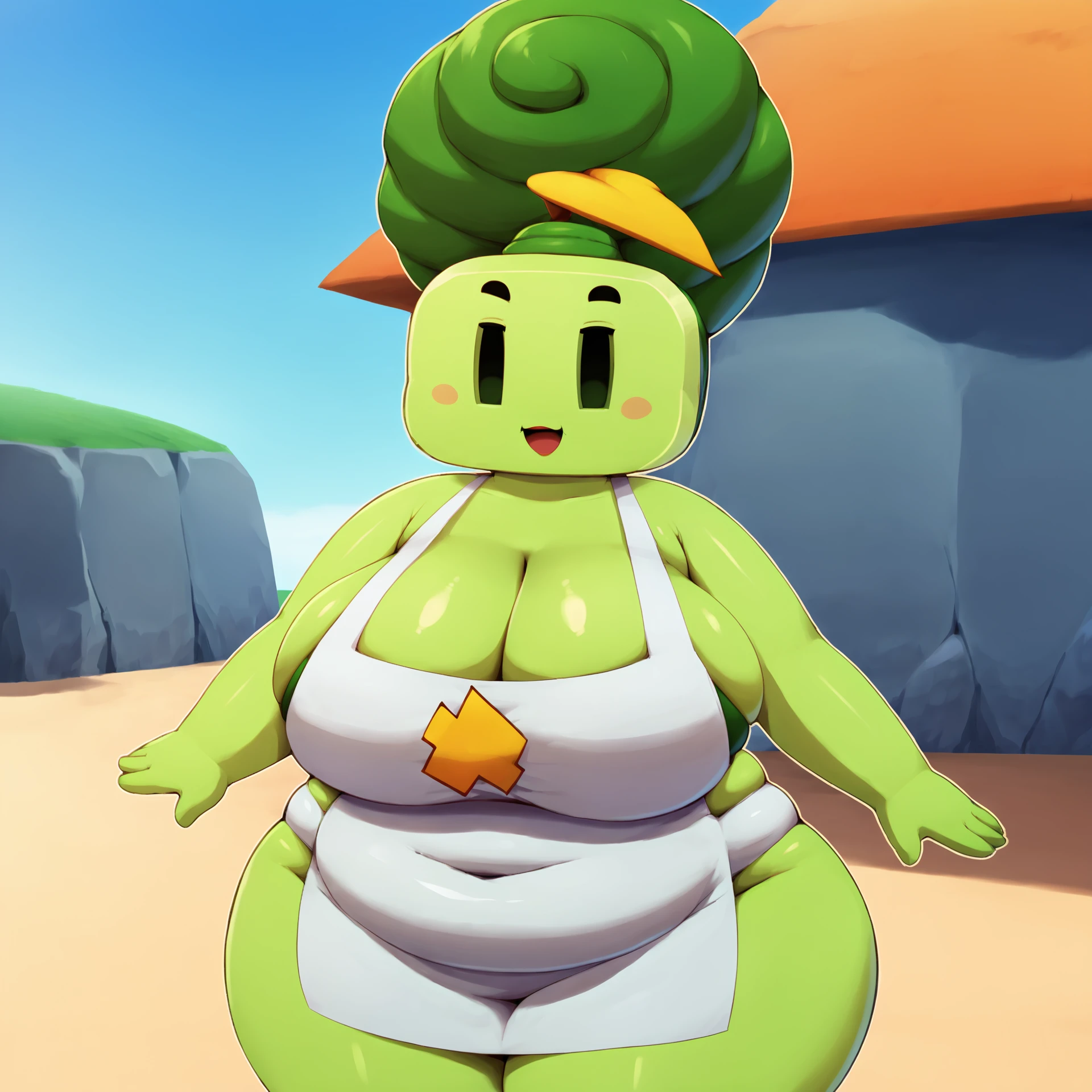 score_9, score_8_up, score_7_up, ml_w1llm4, 1girl, happy, smile, huge breasts, bbw, chubby, cleavage, hair bun, leaf, overweight female, plump, green hair, solo, wide hips, colored skin, green skin, apron, dot eyes, makeup, outside, trinity-fate62