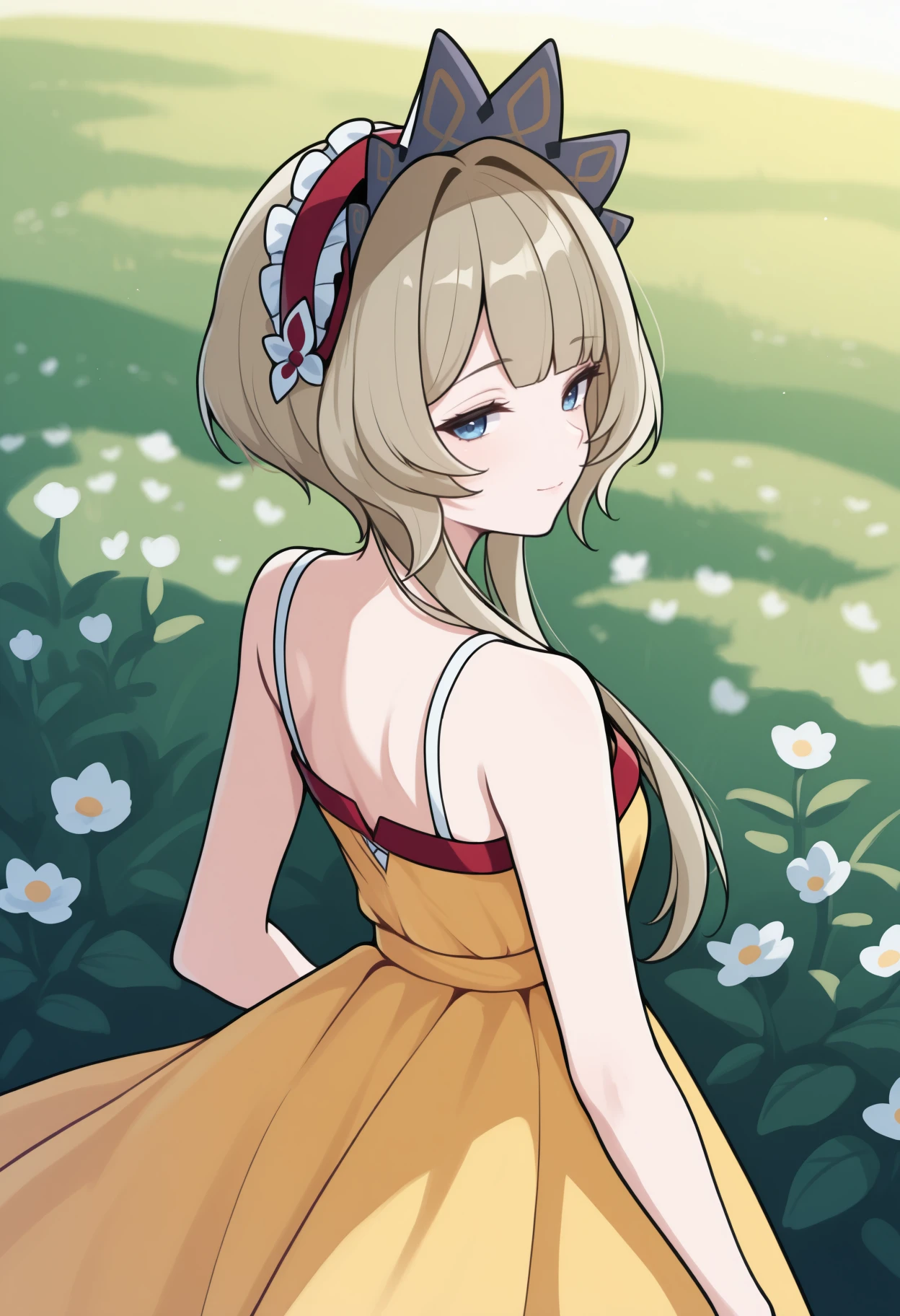 masterpiece, best quality, <break> from behind, solo, 1girl, sandrone, slight smile, looking back, blonde hair, short hair with long locks, headdress, blue eyes, yellow sundress, bare shoulders, outdoors, flower field
<segment:yolo-Anzhc Face seg 640 v2 y8n.pt,0.4,0.5//cid=1>