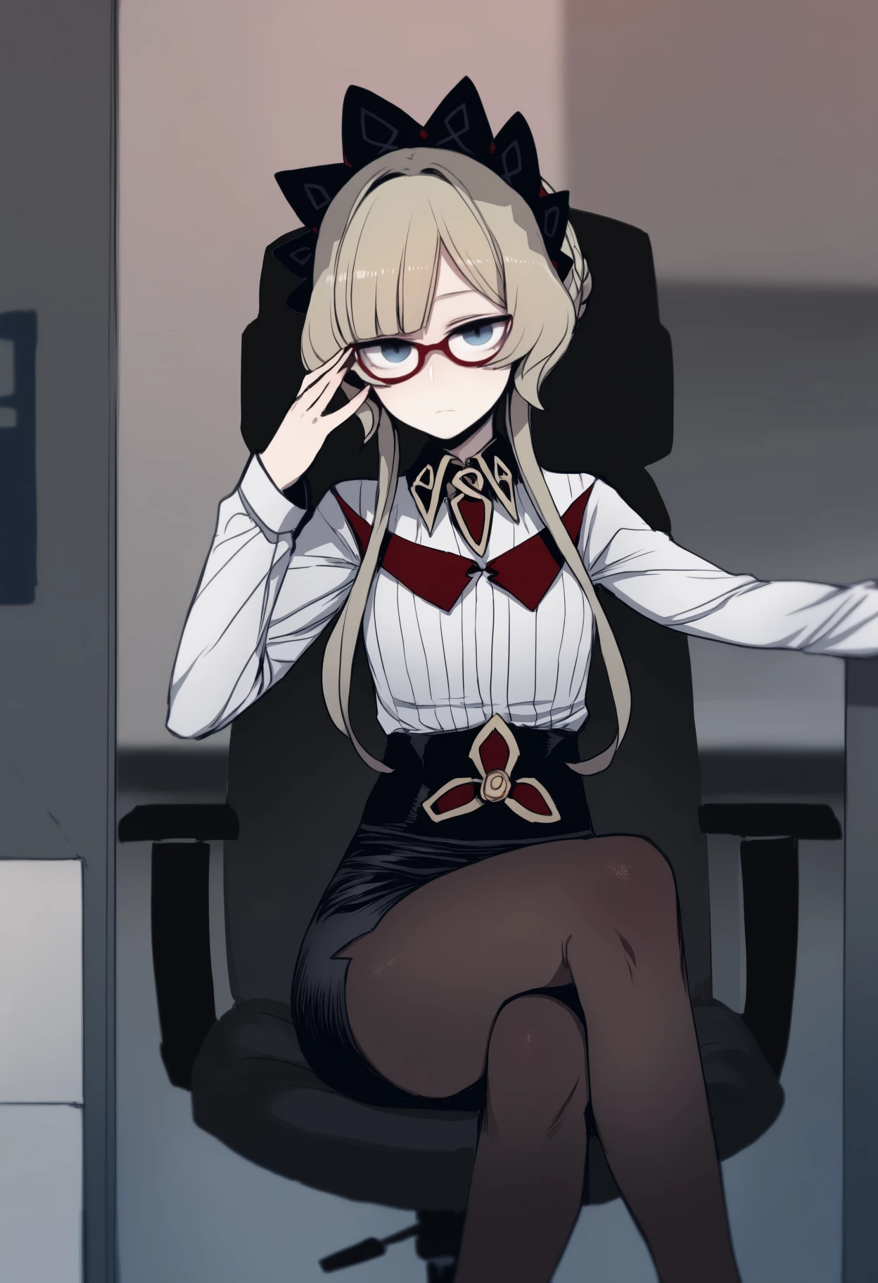 (ratatatat74:0.6), masterpiece, best quality, <break> solo, 1girl, sandrone, expressionless, looking at viewer, sitting, swivel chair, crossed legs, adjusting eyewear, blonde hair, short hair with long locks, headdress, blue eyes, glasses, white shirt, collared shirt, long sleeves, black skirt, pencil skirt, black pantyhose, indoors, office
<segment:yolo-Anzhc Face seg 640 v2 y8n.pt,0.4,0.5//cid=1>